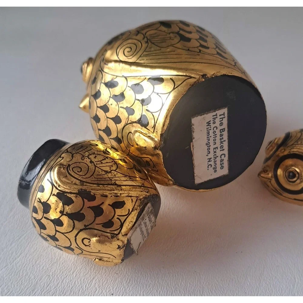 Vintage Burmese Owl Gold Gilt Lacquer Nesting Boxes Set Of 2